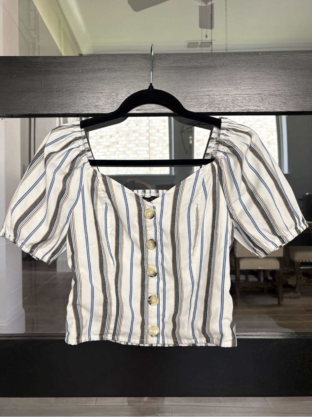 Emerson Lang Striped Puff Sleeve Cropped Top Cottagecore Button Front - M